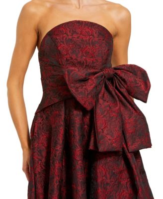 Women's Bow Detail Strapless Floral Brocade Evening Gown