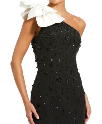 Women's Beaded Crepe With Bow One Shoulder Midi Dress