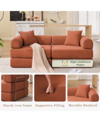 Modular Sofa Bed for Apartments, Convertible, Removable Armrests, Orange