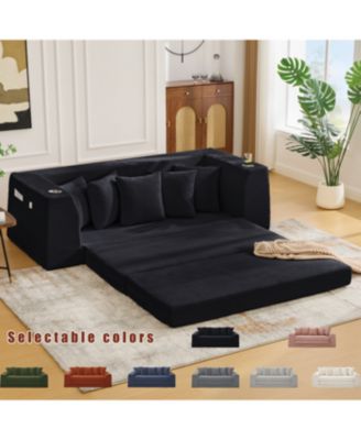 Corduroy Convertible Sofa Bed with 5 Pillows, Black