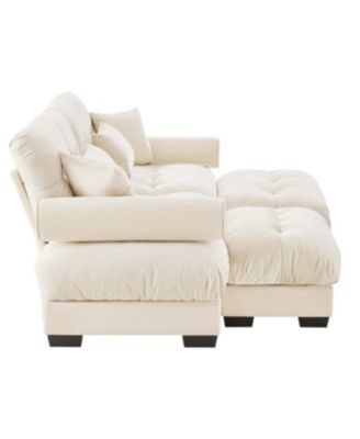  Oversized Modern Velvet Two-Seater Sofa with Ottoman, Cream
