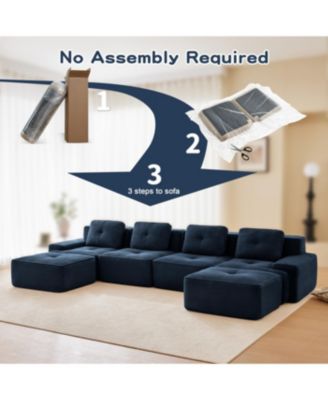 Modern U-Shaped Corduroy Sectional Sofa with Ottomans, Blue