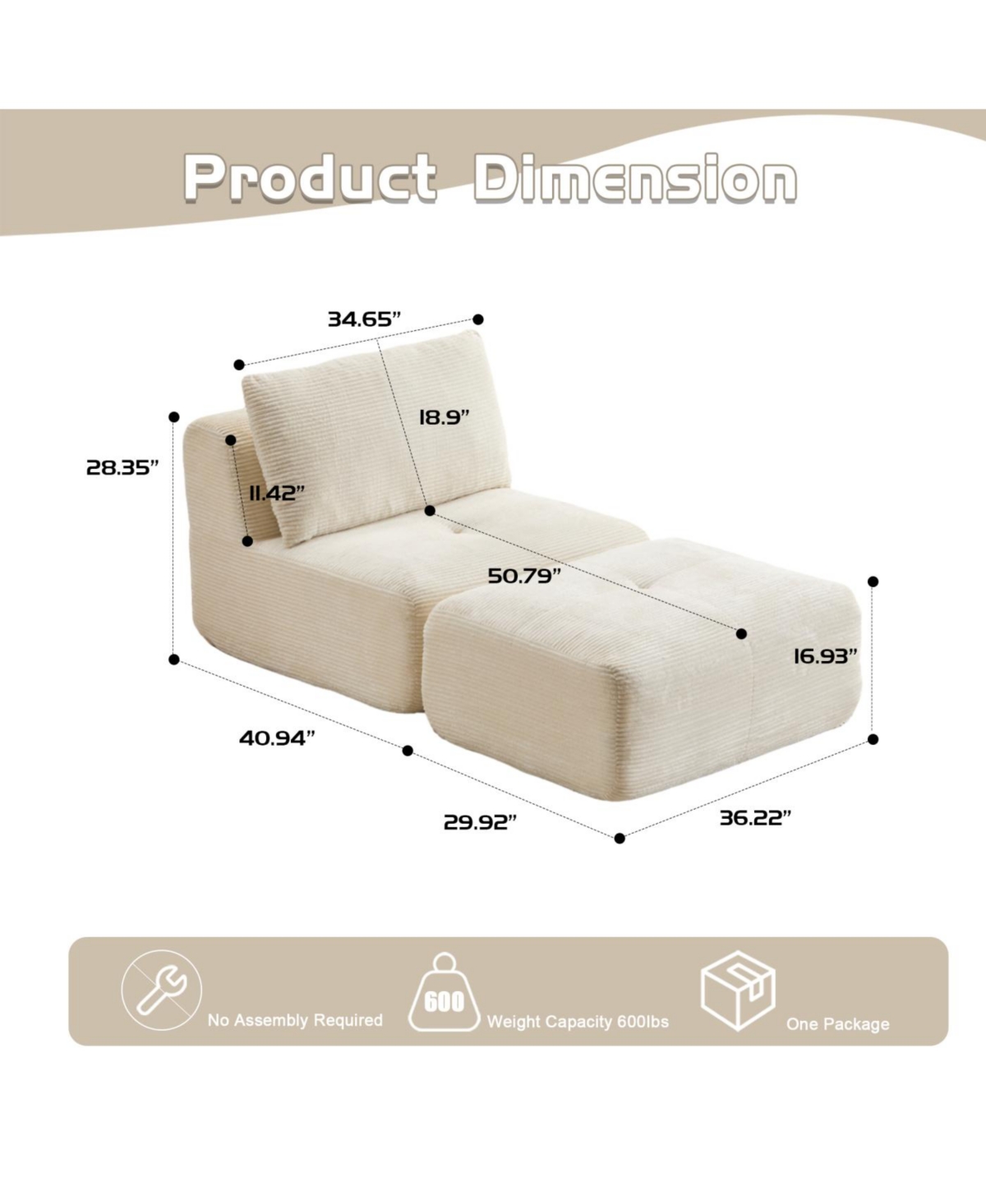 Streamdale Furniture Modern Memory Foam Sofa, Single Chaise, Pet-Friendly, Corduroy, Beige