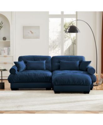 Oversized Modern Velvet Two-Seater Sofa with Ottoman & Pillows, Blue