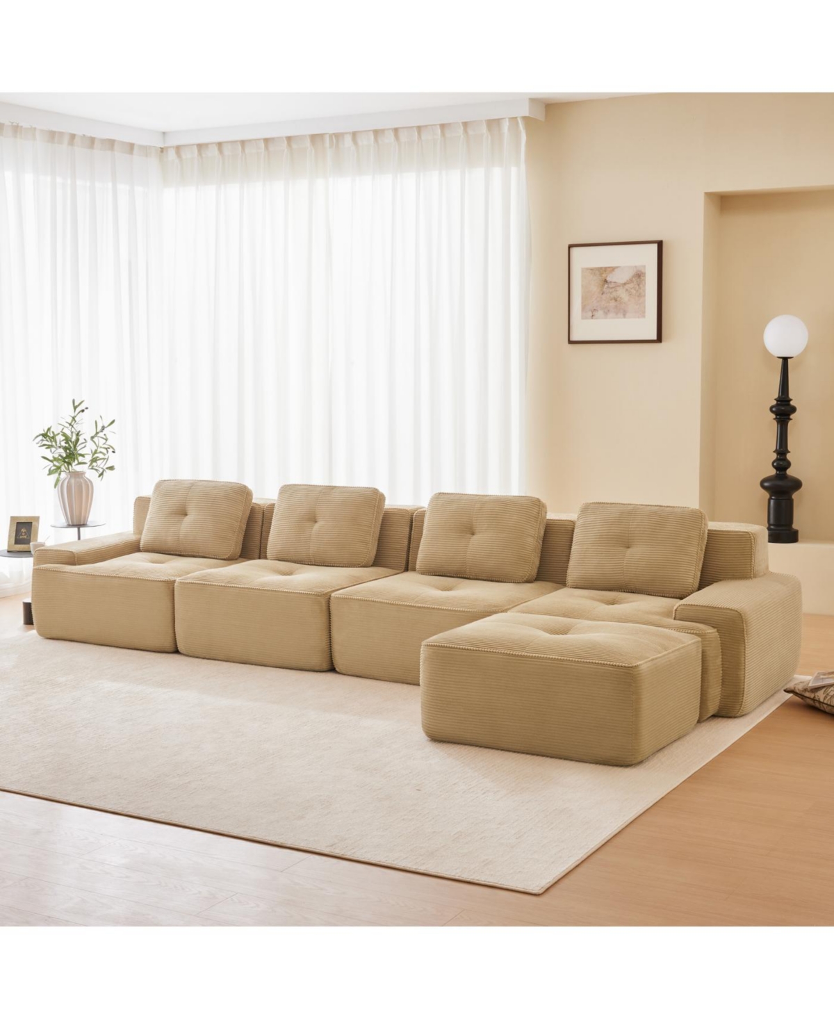 Streamdale Furniture Streamdale Modern L-Shaped Corduroy Sectional Sofa with Movable Ottoman, Camel