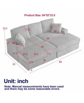 Streamdale 84Inch Corduroy 3-Seater Sofa with Pillows, Ottomans, Storage & Cup Holders