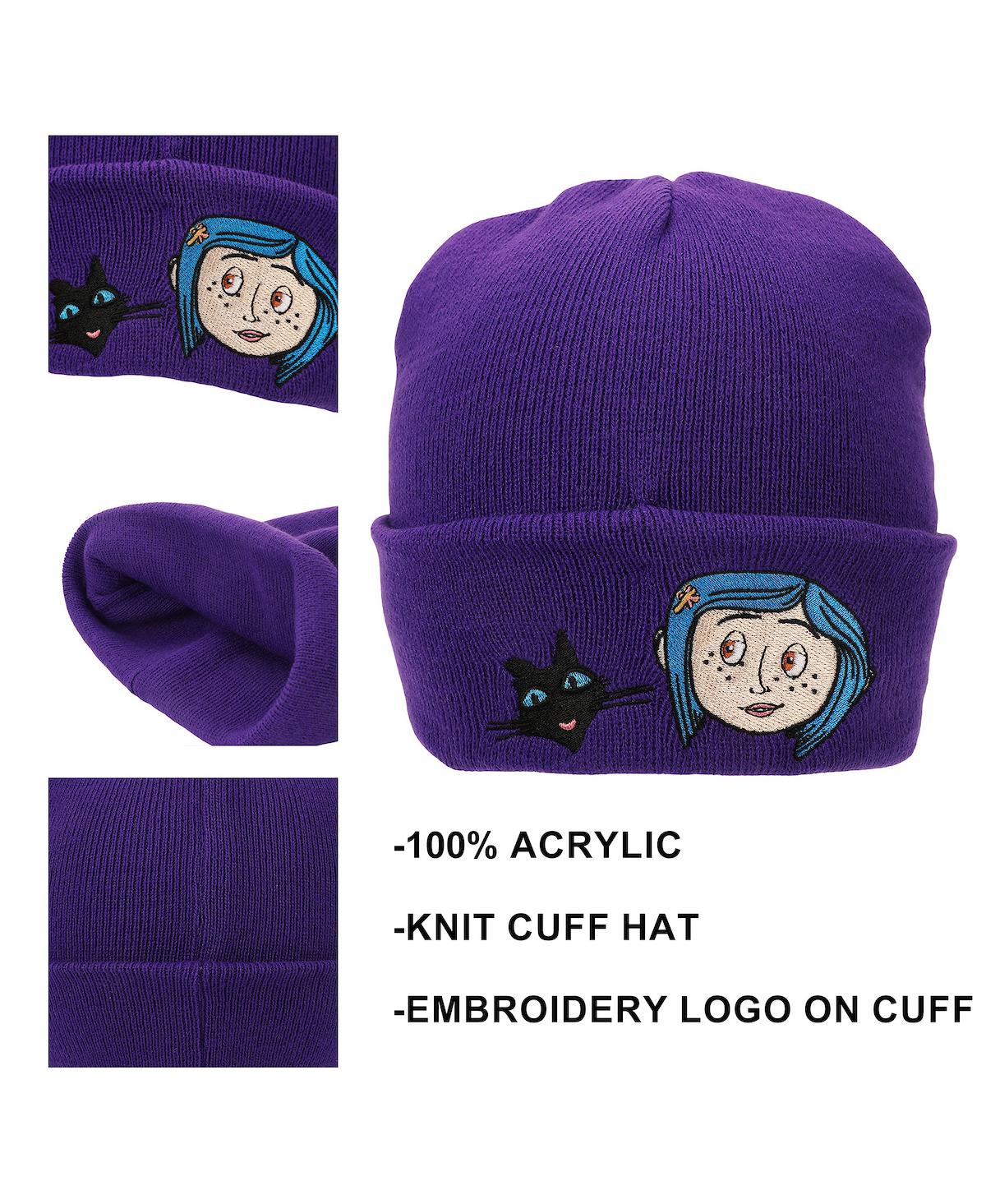 Coraline Men's Black Cat Character Art Purple Cuff Beanie.