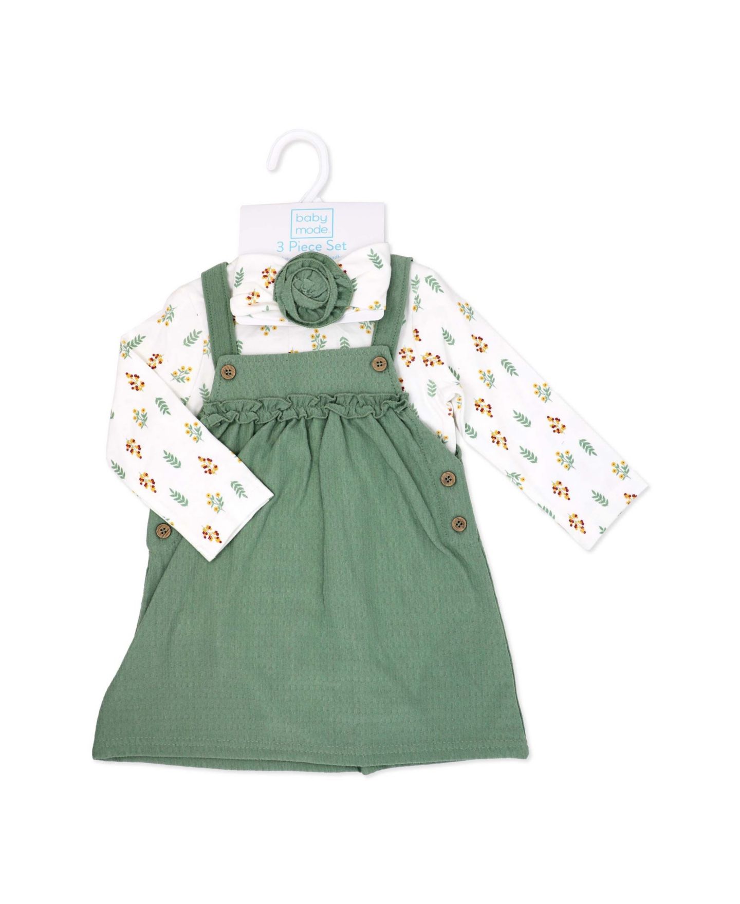 Комплекты Baby Mode Fall Sprigs Print Jumper, Bodysuit and Headband, 3-Piece Set для девочек-малышей, цвет: Шалфейный зелёный / Белый — фото 2
