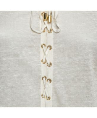 Women's Off-White Linen Knit Lace-Up Top