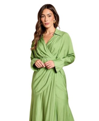 Women's Twill Long Sleeve Wrap Dress With Belt