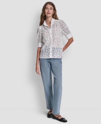 Women's Lace Puff Sleeve Stand Collar Shirt