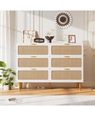 Rattan 6 Drawer Dresser for Bedroom, Long Double Chest with Deep Drawers and Wide Top for Living Room or Kids Room