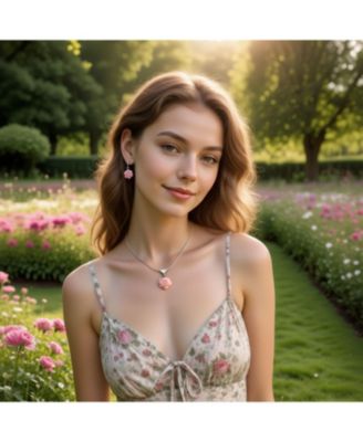 Romantic Floral 3D Pink Rose Green CZ Accent Pendant Necklace & Lever back Dangle Earrings Jewelry Set Sterling Silver
