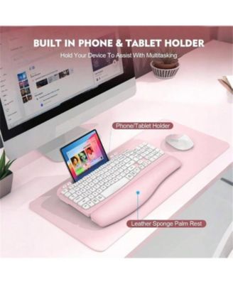 Wireless Keyboard and Mouse Combo - Full-Sized Keyboard with Cushioned Palm Rest, Phone Holder, 2.4G Cordless Set for Computer, Laptop, PC - Pink