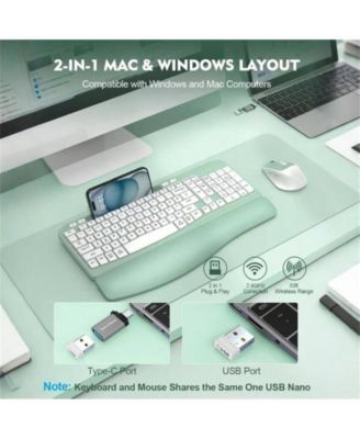 Wireless Keyboard and Mouse Combo - Full-Sized Keyboard with Cushioned Palm Rest, Phone Holder, 2.4G Cordless Set for Computer, Laptop, PC - Green