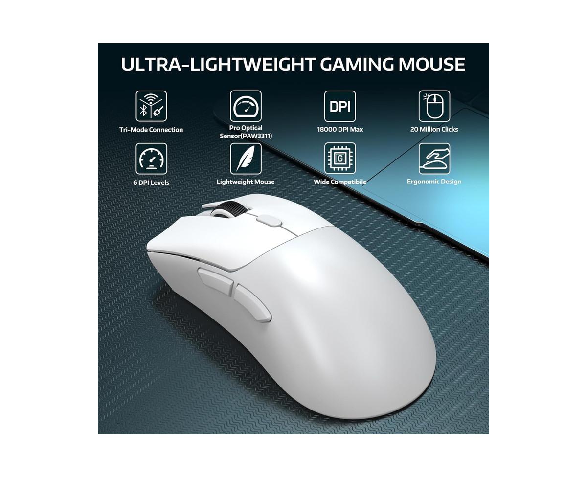 risokeys Wireless Mouse, Tri-Mode Connection (2.4G/Wired/BT5.2), 55g Lightweight, 18K Dpi Optical Sensor, 20 Million Key Life, Ergonomic Design for Pc