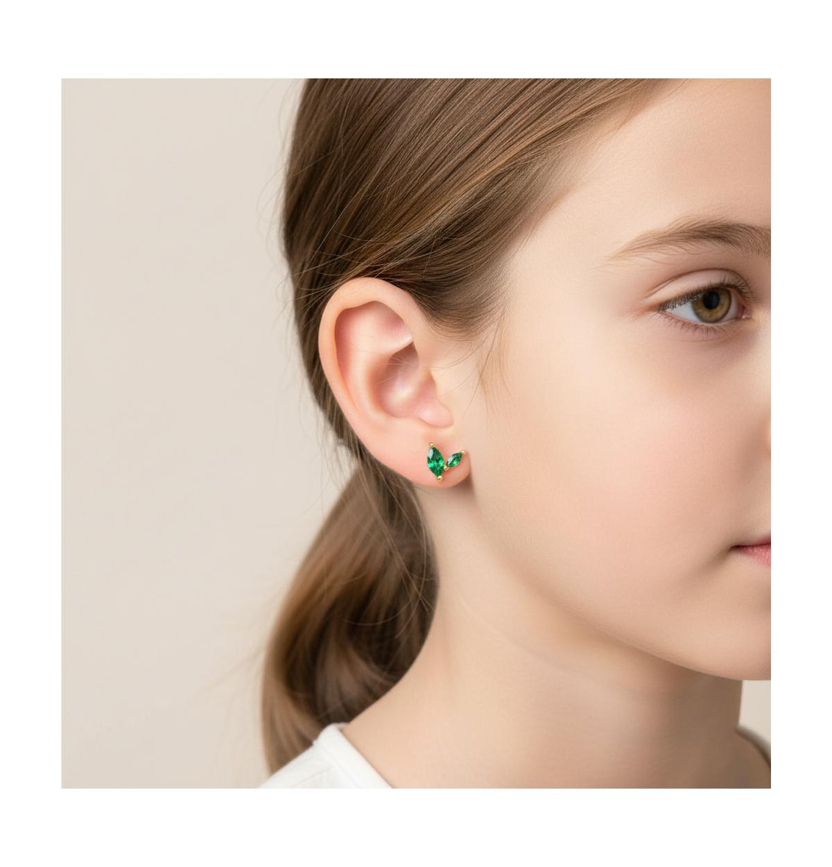 GiGiGirl Kids 14k Gold Plated Green Cubic Zirconia Fern Leaf Stud Earrings