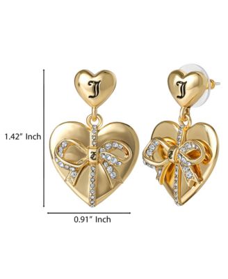 Double Heart Bow Detail Drop Earrings, Gold Tone with Crystal Accents