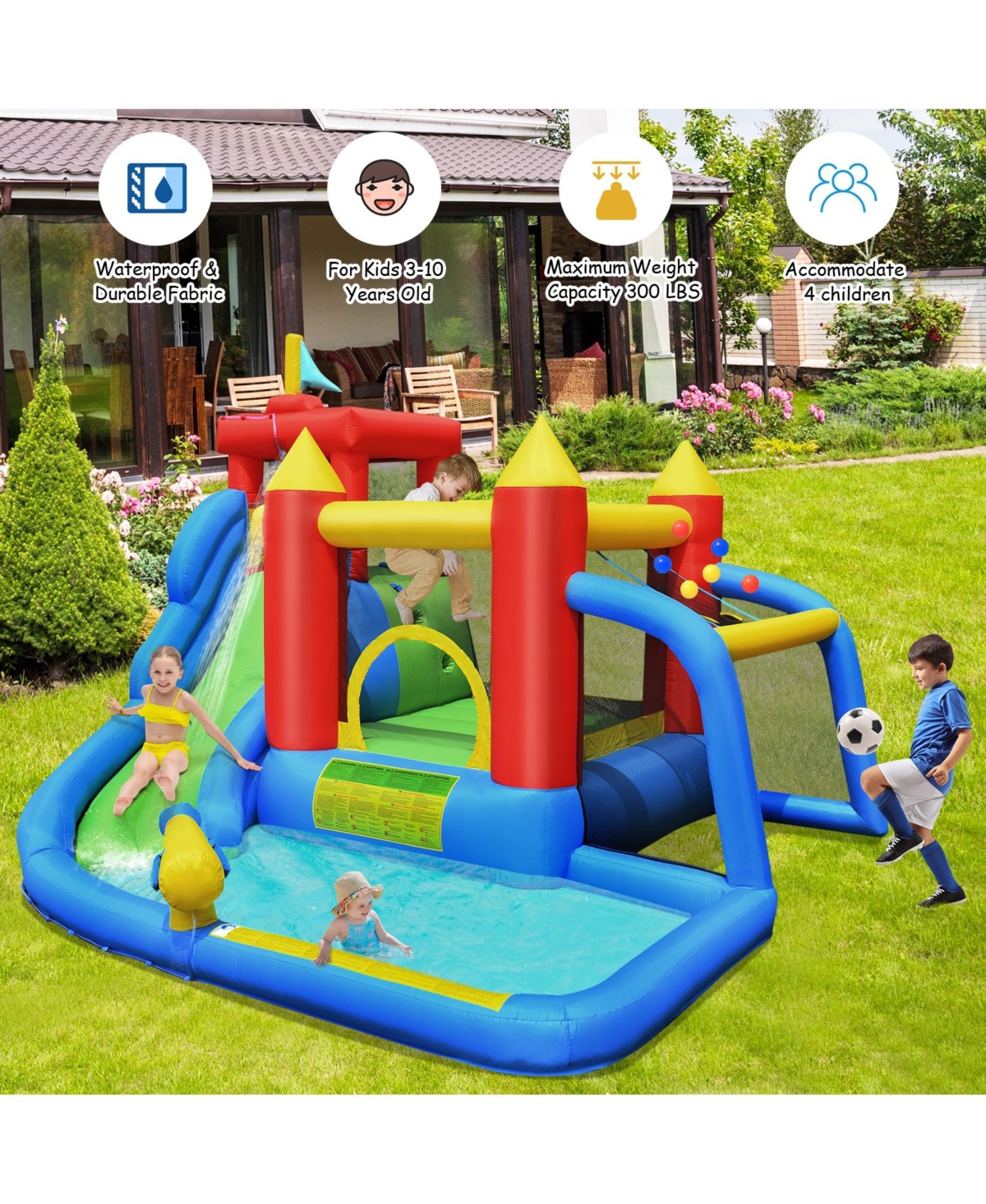 Skonyon Inflatable Bounce House Splash Pool with Water Climb Slide Blower included