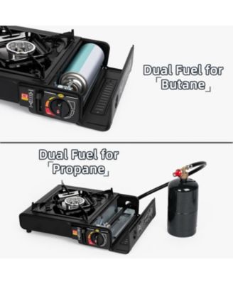 Dual Fuel Camping Stove – 7800 BTU Portable Butane & Propane Compatible Stove with Adapter Hose & Carrying Case