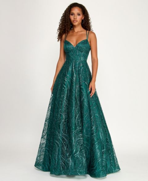 Женские платья B Darlin Juniors' Spaghetti Strap V Neck Glitter Pattern Gown with Lace Up Back, цвет: Изумрудный