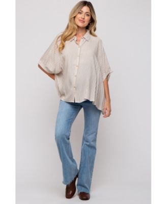 Maternity Taupe Striped Button Up Dolman Top