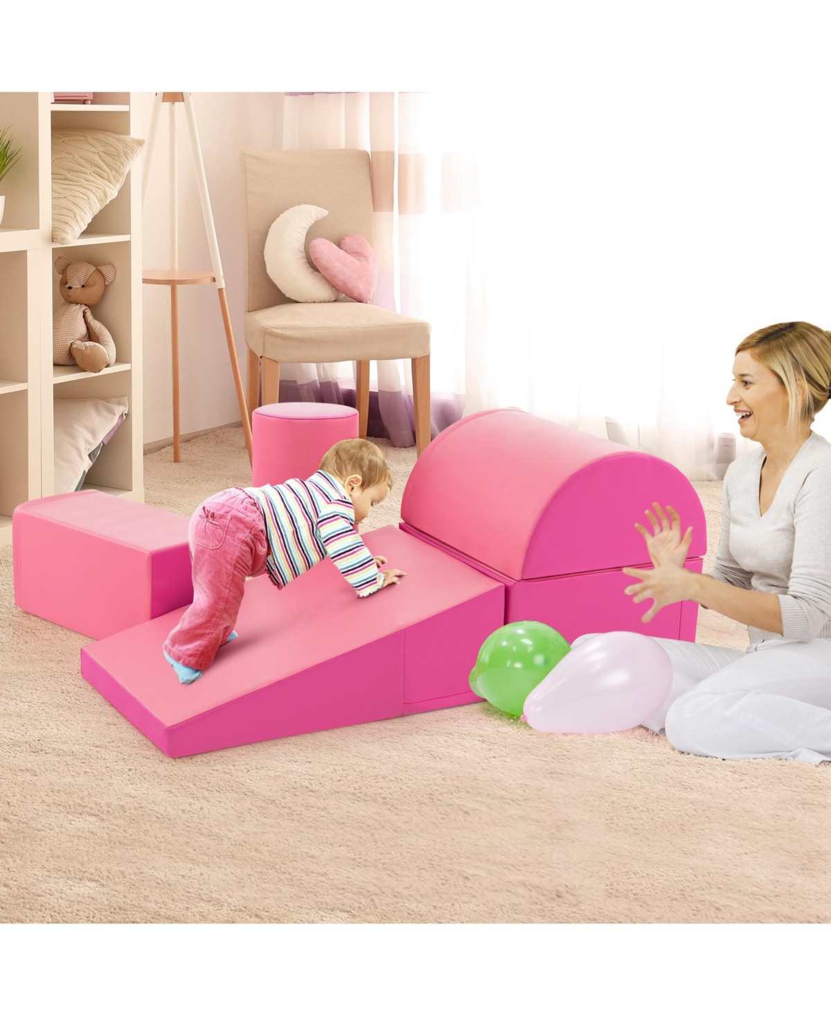 Skonyon 5-Piece Kids Climb and Crawl Activity Playset-Pink