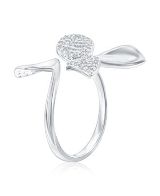 Sterling Silver Cubic Zirconia Abstract Flower Leaf Bypass Ring.