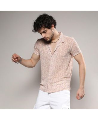 Men's Beige Washed Flowers Seld-Design Shirt