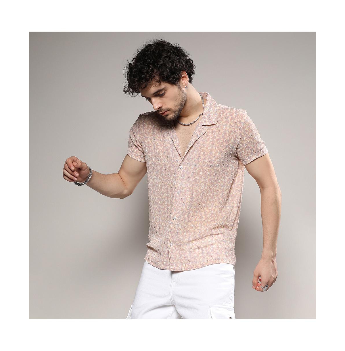 Campus Sutra Men's Beige Washed Flowers Seld-Design Shirt