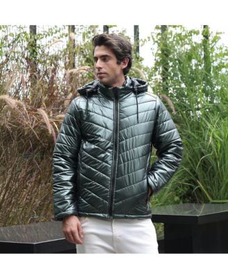 Men's Seaweed Green Coated Panel-Quilt Puffer Jacket