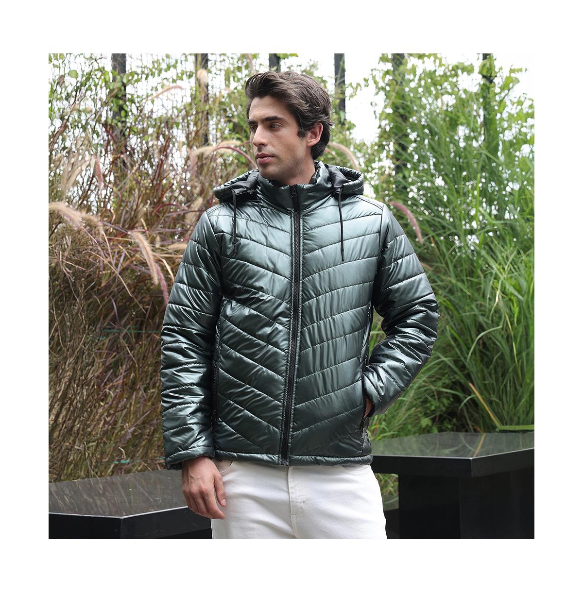 Campus Sutra Men's Seaweed Green Coated Panel-Quilt Puffer Jacket