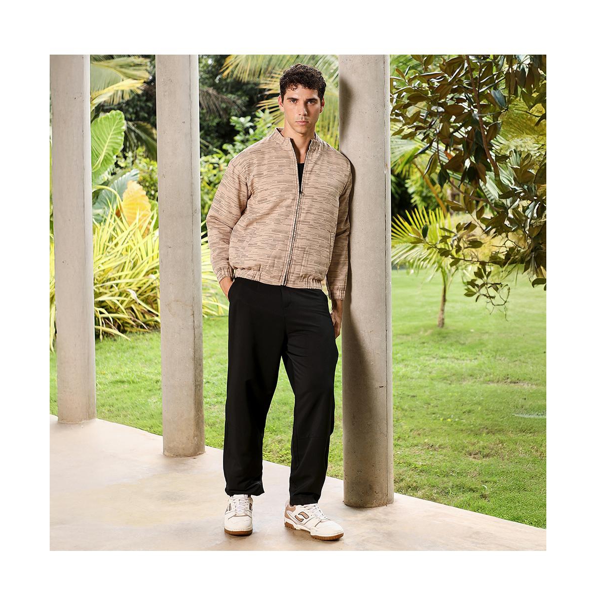 Campus Sutra Men's Sand Beige Lined-Jacquard Bomber Jacket