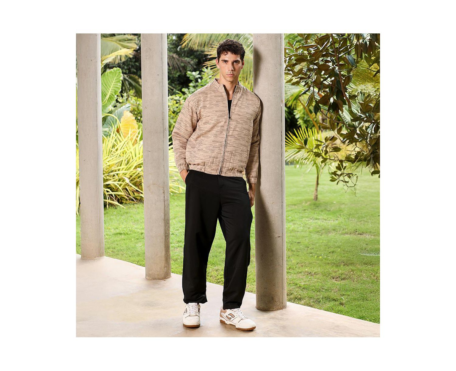Men's Sand Beige Lined-Jacquard Bomber Jacket
