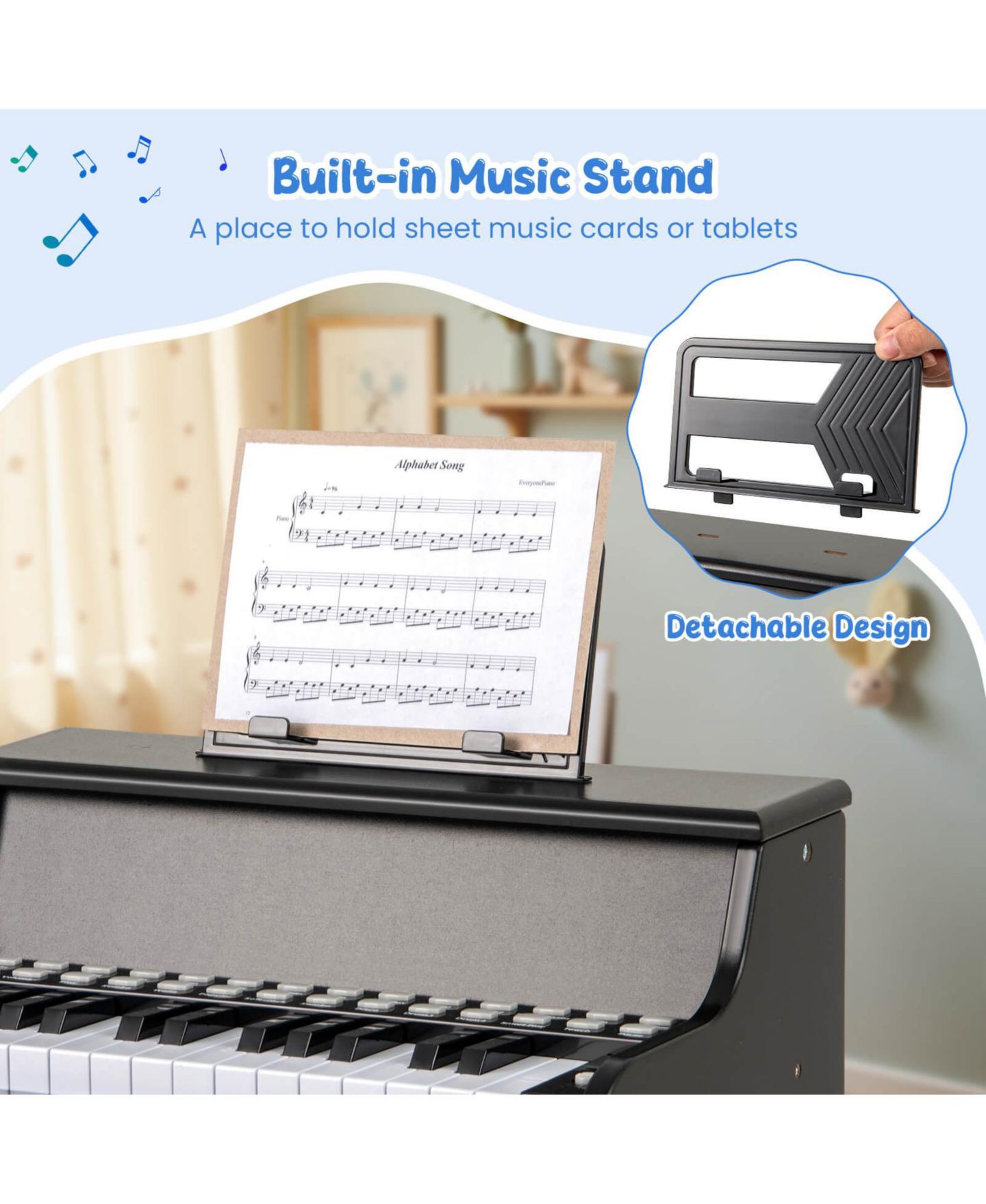 Детские игрушки Costway 25-Key Digital Piano with Lighted Keys Teaching Mode, 3-Piece Set, Ages 3+, цвет: Чёрный — фото 8