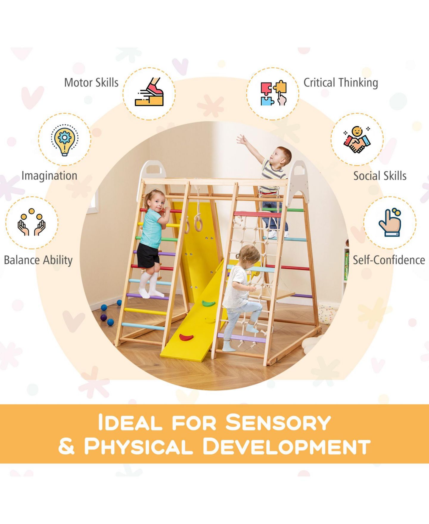 Детский игровой набор HONGGE 8-in-1 Wooden Jungle Gym Playset with Slide, Monkey Bars, and Climbing Wall, цвет: Жёлтый натуральный белый — фото 9