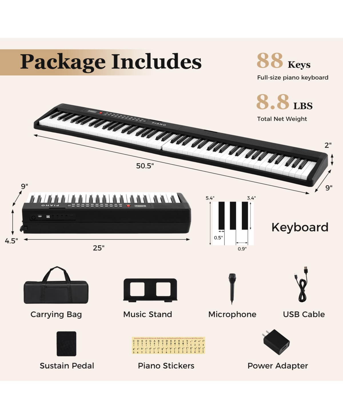 Hongge 88 Key Foldable Digital Piano Keyboard With Semi Weighted Keys And Carrying Bag