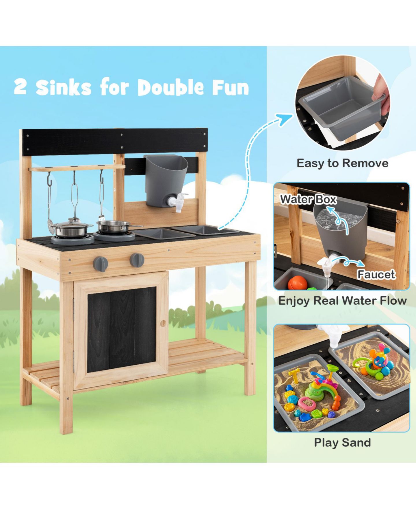 Детский игровой набор SKONYON Wooden Outdoor Mud Kitchen Working Water Faucet 8-Piece Playset, Ages 3+, цвет: Натуральный — фото 11