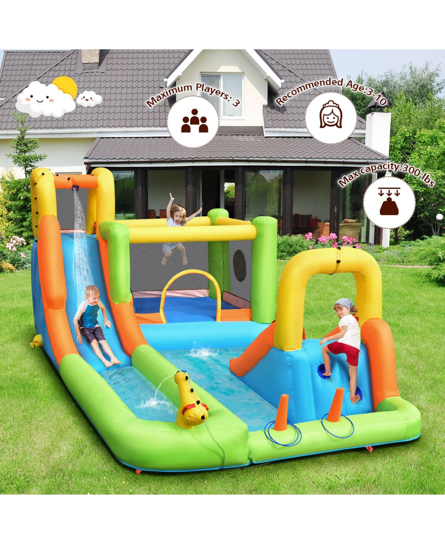 Детская игрушка SKONYON 8 in 1 Inflatable Water Slide Park, 198"L x 114"W x 85"H, Up to 3 Players, Ages 3-10, цвет: Зелёный — фото 6