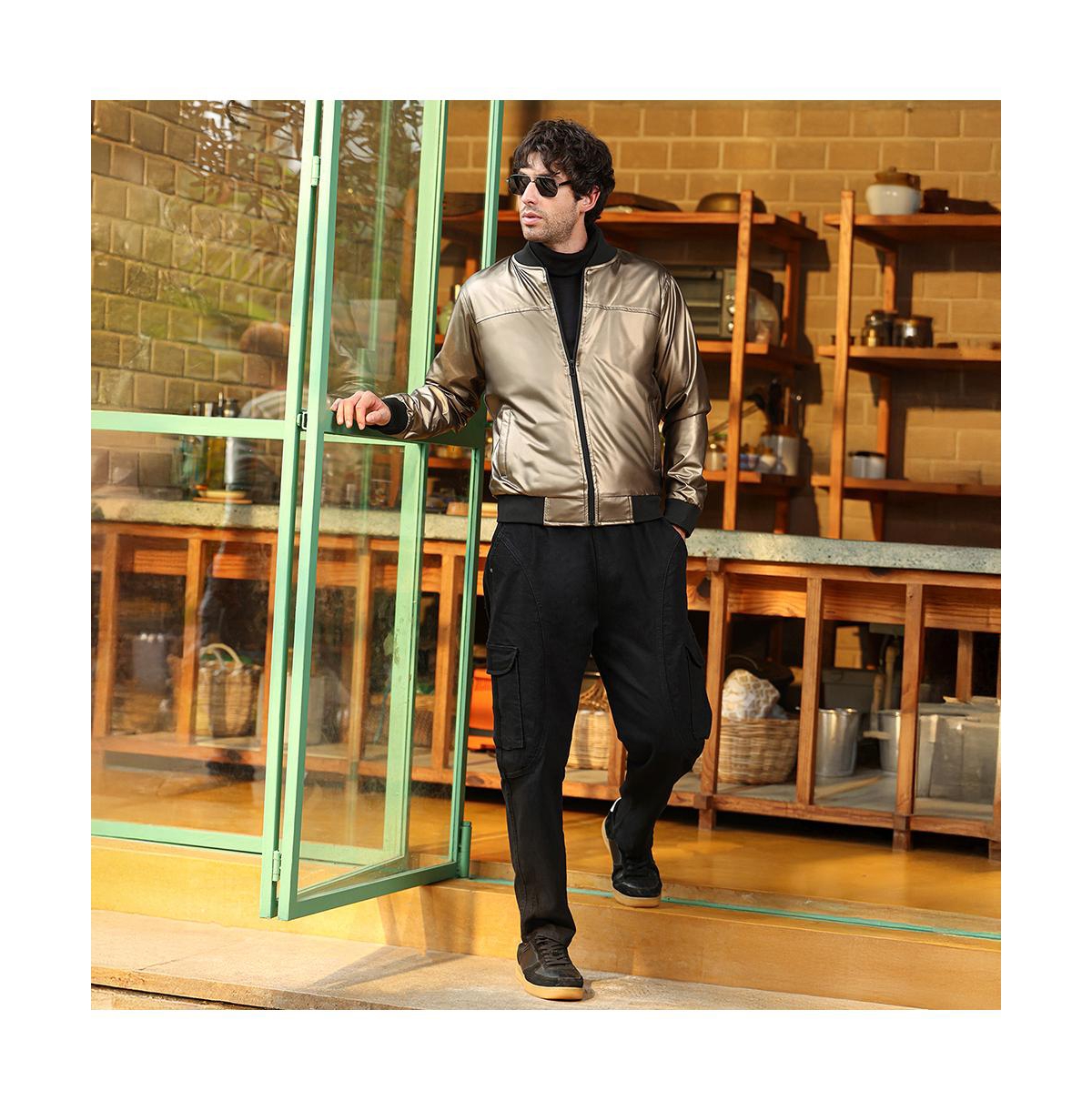 Campus Sutra Men's Antique Bronze Patent-Panel Bomber Jacket