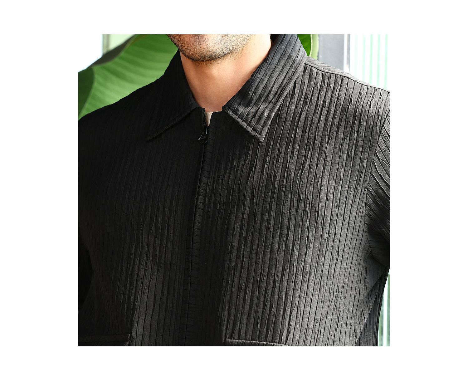 Men's Midnight Black Zip-Front Crease-Tactile Jacket