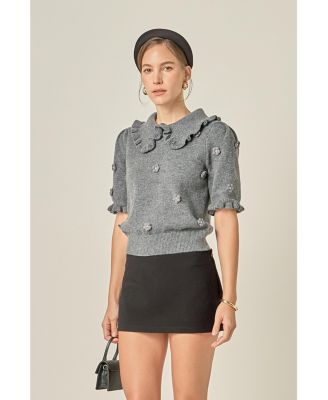 Women's Pearl Floral Ruffle Sleeve Knit