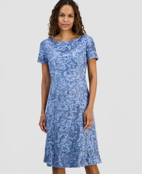 Petite Sequined Lace Short-Sleeve Midi Dress - Sky Blue