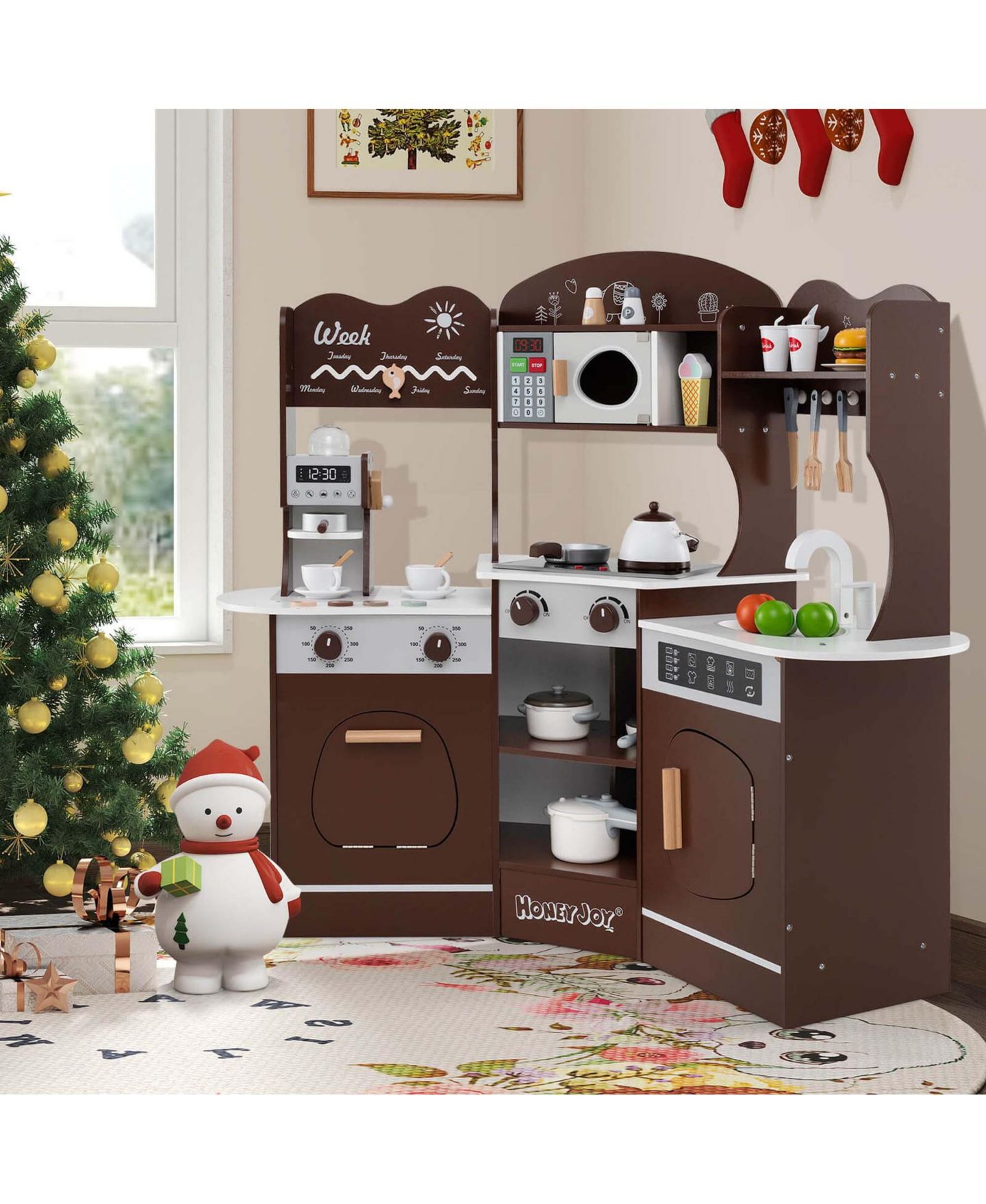 Детский игровой набор Costway Corner Kitchen Playset with Coffee Machine, 12-Piece, Ages 3+, цвет: Коричневый — фото 2