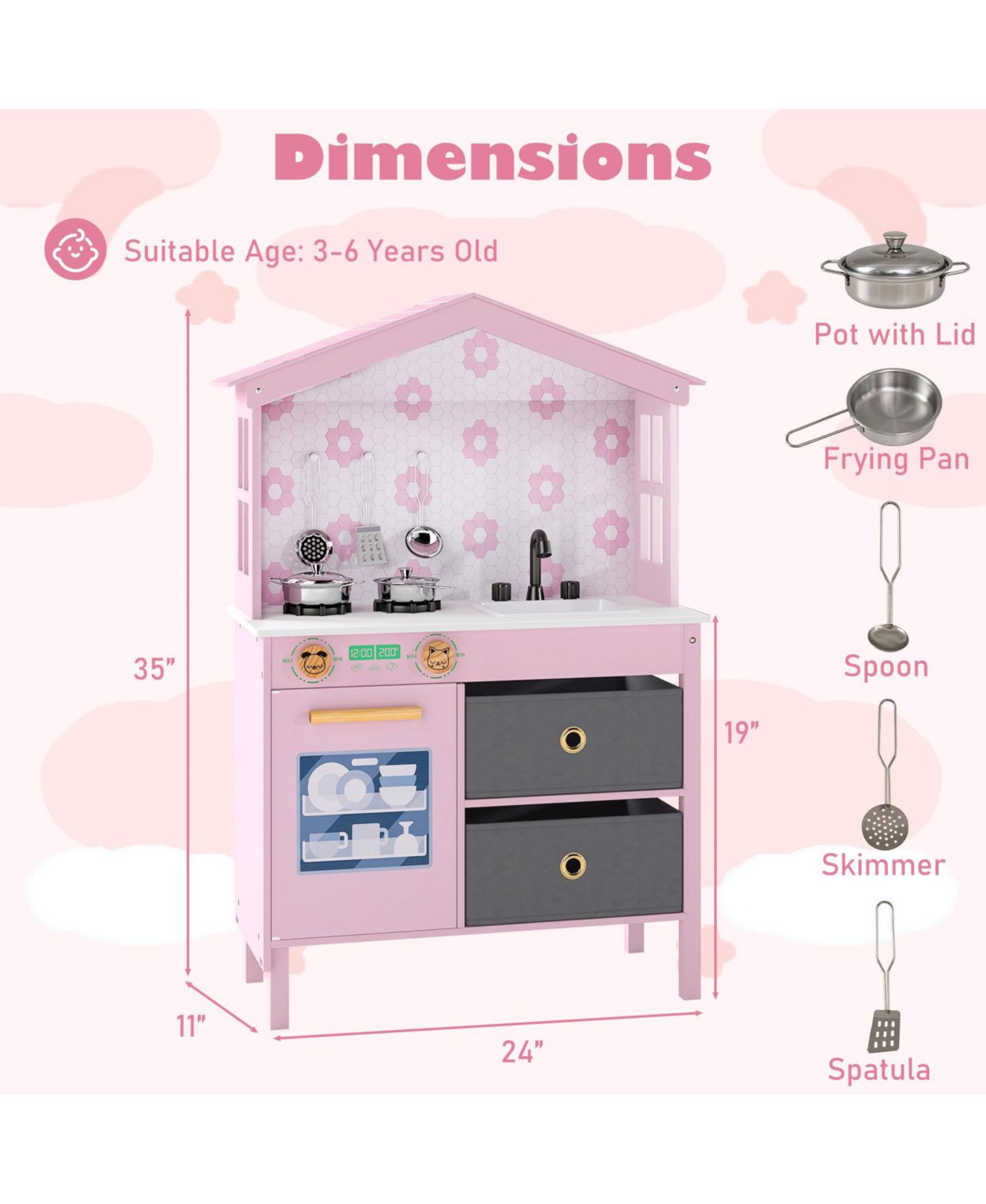 Детские игрушки Gymax 2-Stove Clickable-Knob Kids Play Kitchen, 7-Piece Set, Ages 3-6, цвет: Розовый — фото 2