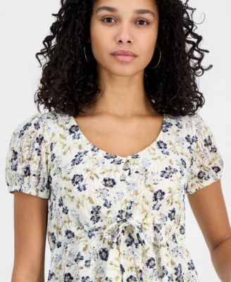 Juniors' Printed Lace Short-Sleeve Babydoll Top