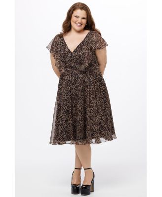 Women's V-Neck Flutter Sleeve Animal Print Dress