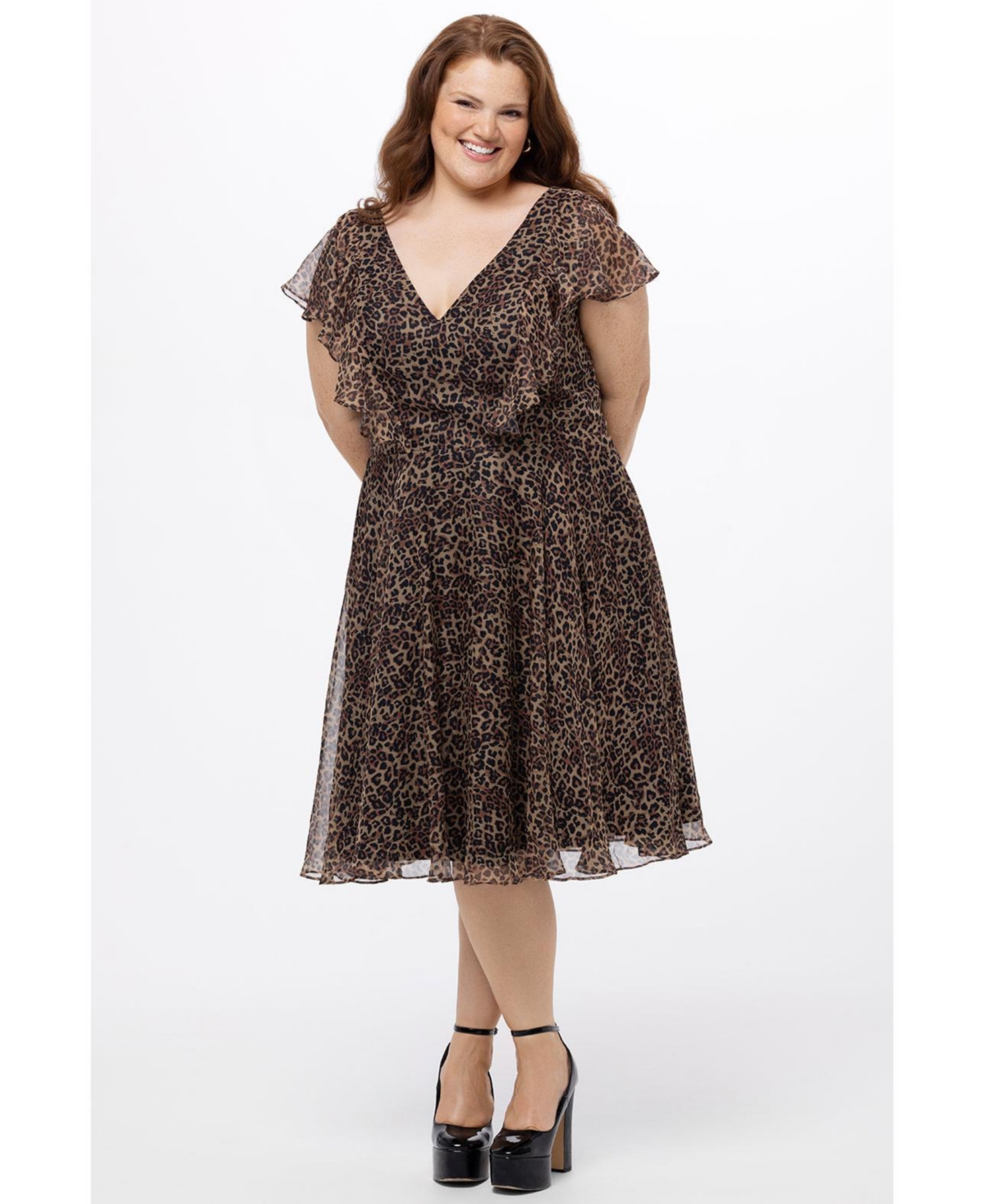 Celebrations by Sydney's Closet Women's V-Neck Flutter Sleeve Animal Print Dress