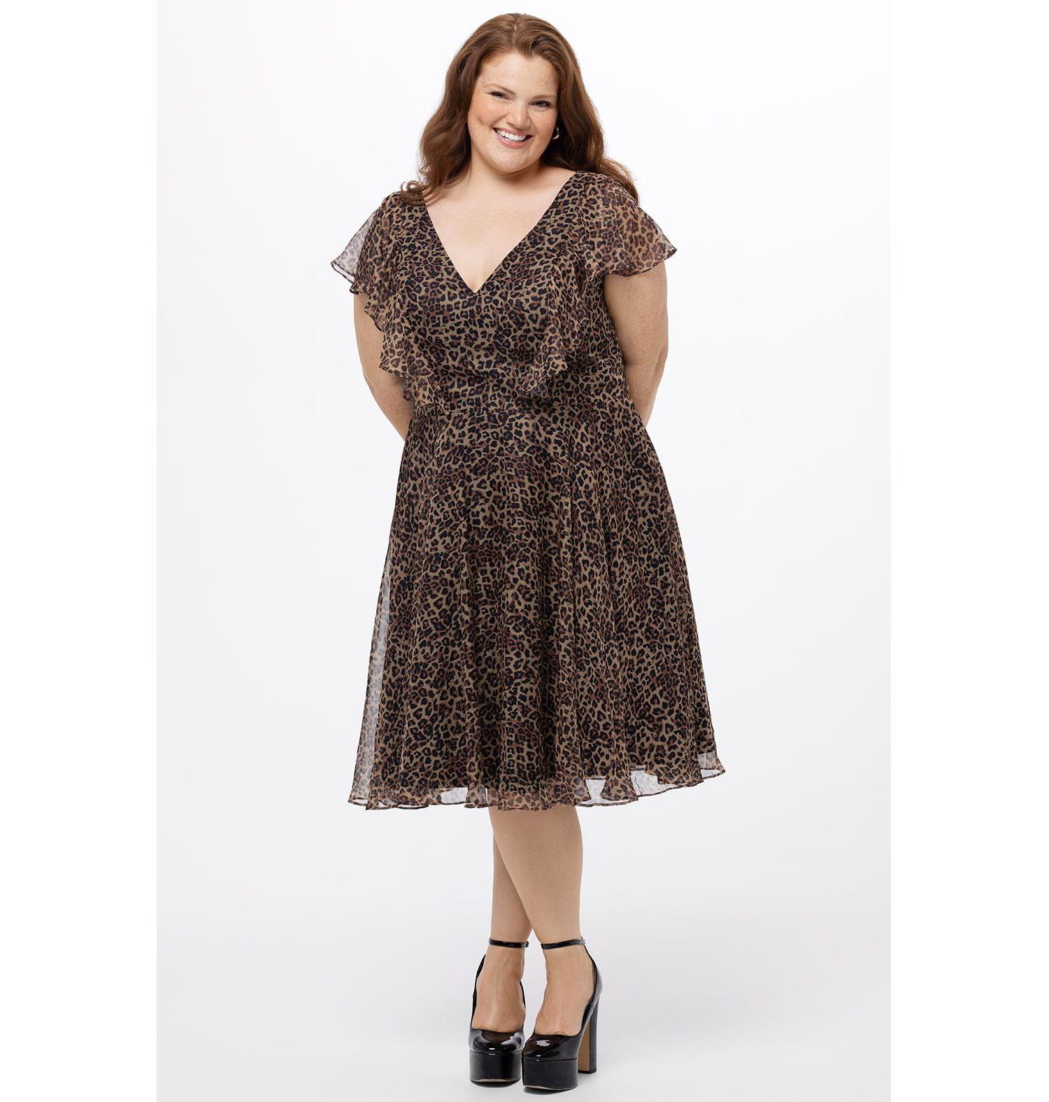 Women's V-Neck Flutter Sleeve Animal Print Dress