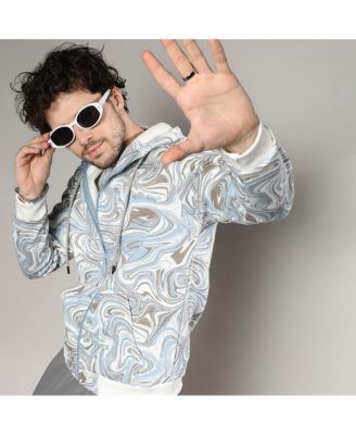 Men's Icy Blue & Olive Green Contrast Fluid Zip Front Hoodie